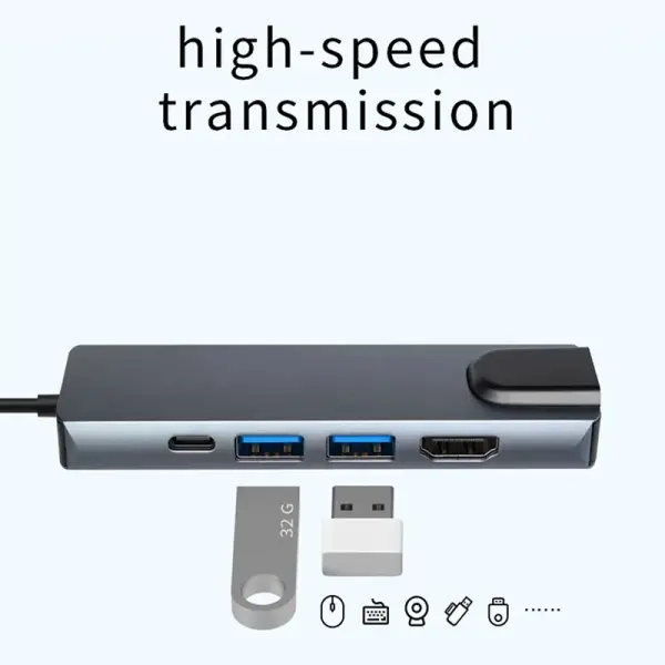 Adapter Type C na LAN Gb, Type C, 2xUSB 3.0 i HDMI 5u1 20cm kabl
