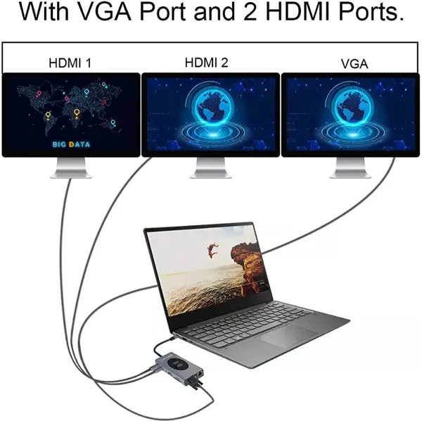 Adapter Type C na LAN Gb, Wireless PC, SD card, TF, Type C, 3xUSB 3.0, 2xUSB 2.0, Audio, 2xHDMI i VGA 14 u 1 20cm kabl