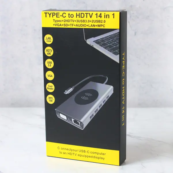 Adapter Type C na LAN Gb, Wireless PC, SD card, TF, Type C, 3xUSB 3.0, 2xUSB 2.0, Audio, 2xHDMI i VGA 14 u 1 20cm kabl