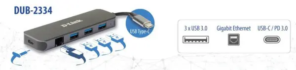 USB HUB D-Link DUB-2334 5in1 USB-C - USB3.0x3GLANPD