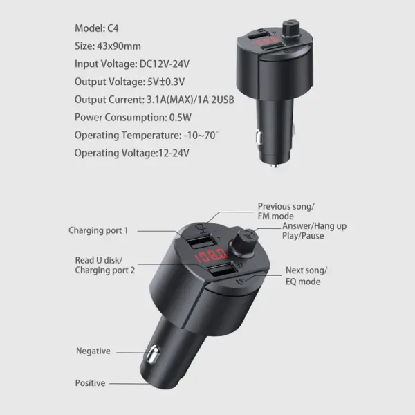 FM transmiter C4 USB TF Bluetooth 5.0 12-24V handsfree crni