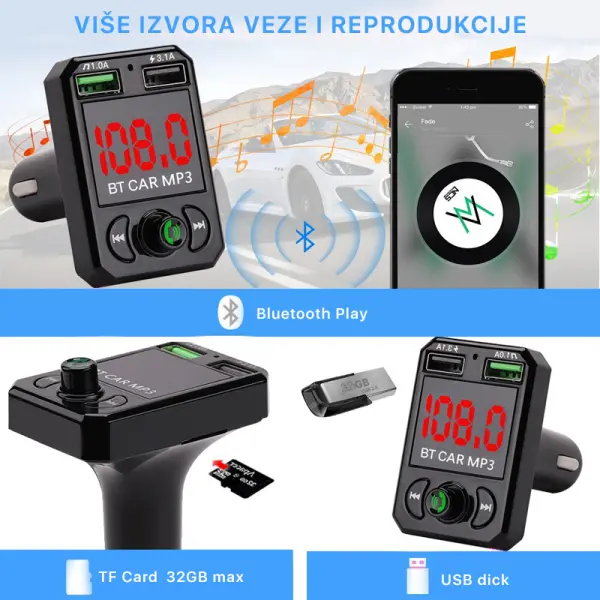FM transmiter A6 USB TF Bluetooth 5.0, 12-24V handsfree crni