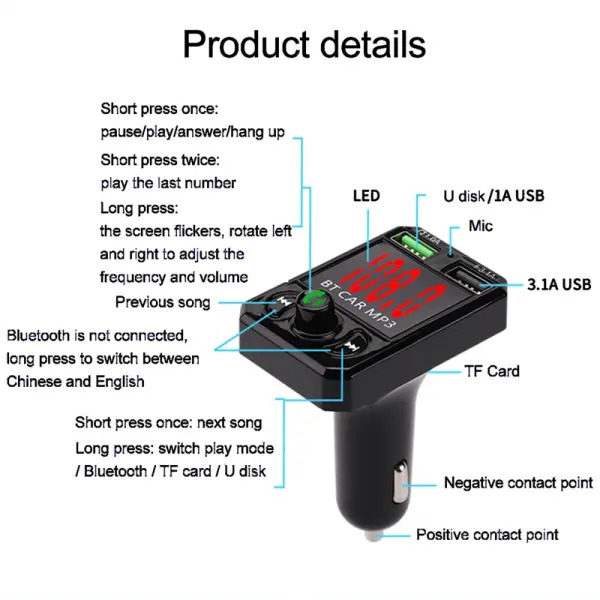FM transmiter A6 USB TF Bluetooth 5.0, 12-24V handsfree crni