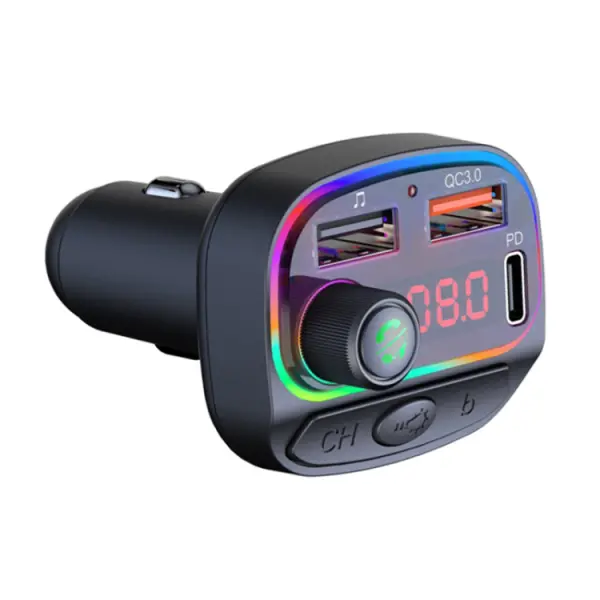 FM transmiter C14 USB, PD, QC 3.0 Bluetooth 5.0, Type C RGB, handsfree crni