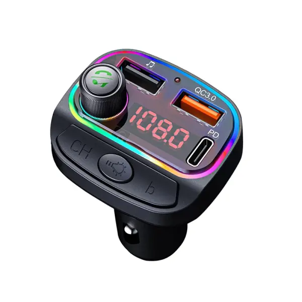 FM transmiter C14 USB, PD, QC 3.0 Bluetooth 5.0, Type C RGB, handsfree crni