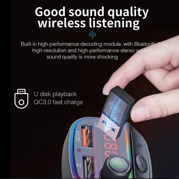 FM transmiter C14 USB, PD, QC 3.0 Bluetooth 5.0, Type C RGB, handsfree crni