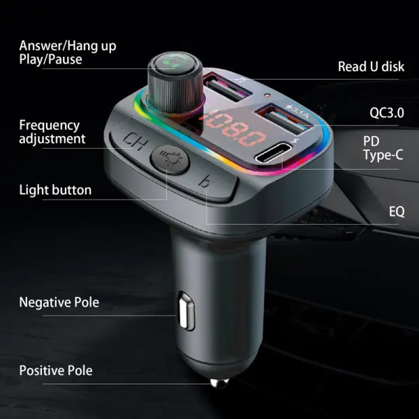 FM transmiter C14 USB, PD, QC 3.0 Bluetooth 5.0, Type C RGB, handsfree crni
