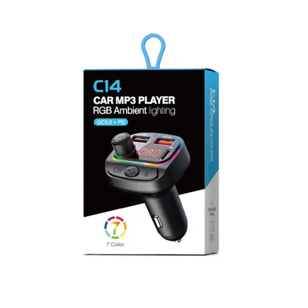 FM transmiter C14 USB, PD, QC 3.0 Bluetooth 5.0, Type C RGB, handsfree crni