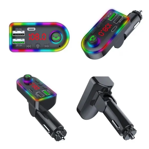 FM transmiter F8 USB, PD, TF, Bluetooth 5.0, Type C, RGB, 12-24V, handsfree crni
