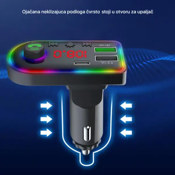 FM transmiter F8 USB, PD, TF, Bluetooth 5.0, Type C, RGB, 12-24V, handsfree crni