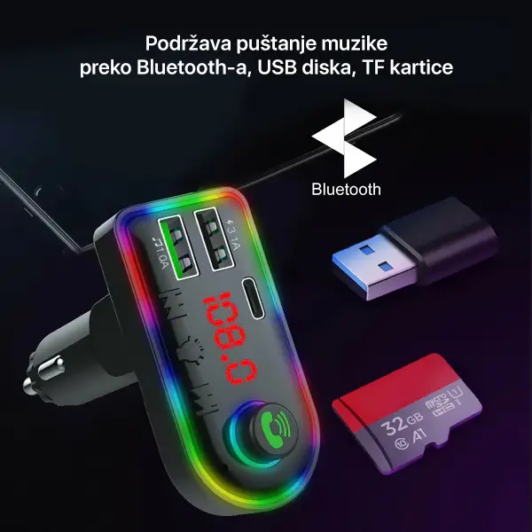 FM transmiter F8 USB, PD, TF, Bluetooth 5.0, Type C, RGB, 12-24V, handsfree crni