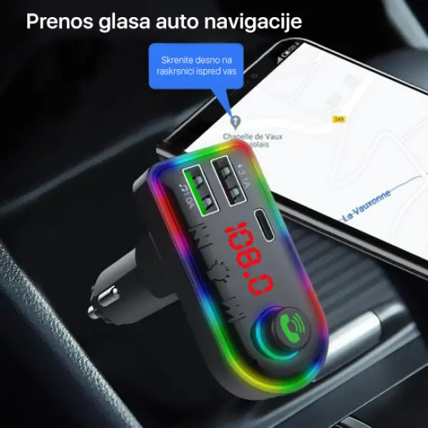 FM transmiter F8 USB, PD, TF, Bluetooth 5.0, Type C, RGB, 12-24V, handsfree crni