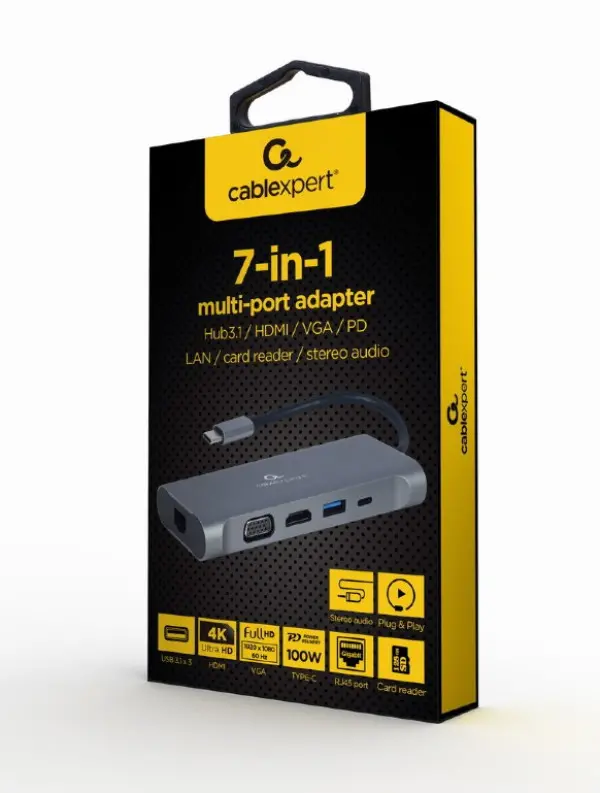 Docking station Cablexpert A-CM-COMBO7-01 USB-C - HDMIVGA3xUSBPDCDGLAN
