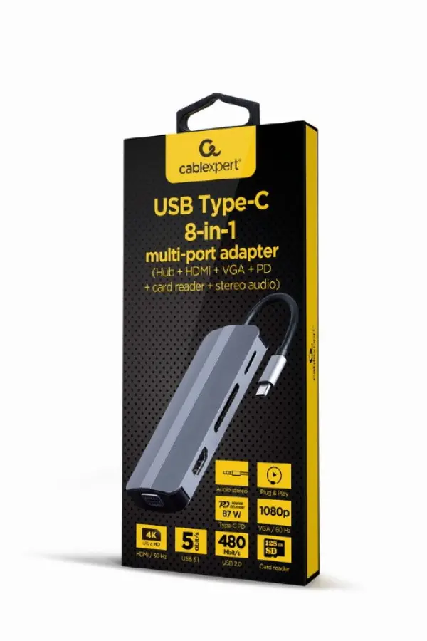 Docking station Cablexpert A-CM-COMBO8-02 USB-C - HDMIVGA2xUSBPDCDAudio