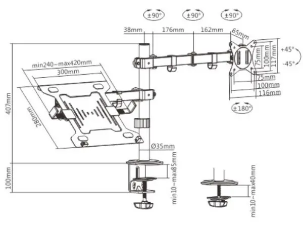 MA-DA-03 Gembird Podesivi stoni nosac sa rukom monitora i nosacem za notebook