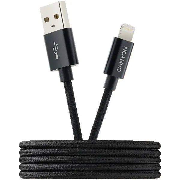 CANYON CFI-3, Lightning USB Cable for Apple, braided, metallic shell, cable length 1m, Black, 14.9*6.8*1000mm, 0.02kg ( CNE-CFI3B ) 