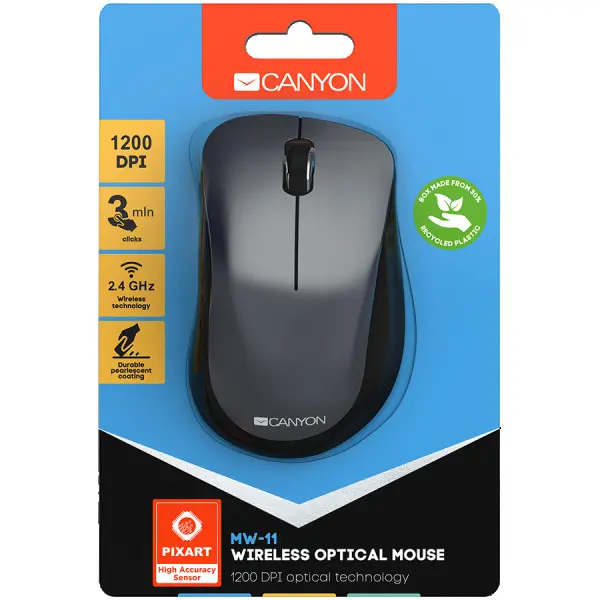 CANYON MW-11, 2.4 GHz Wireless mouse,with 3 buttons, DPI 1200, Battery:AAA*2pcs,Black,67*109*38mm,0.063kg ( CNE-CMSW11B ) 