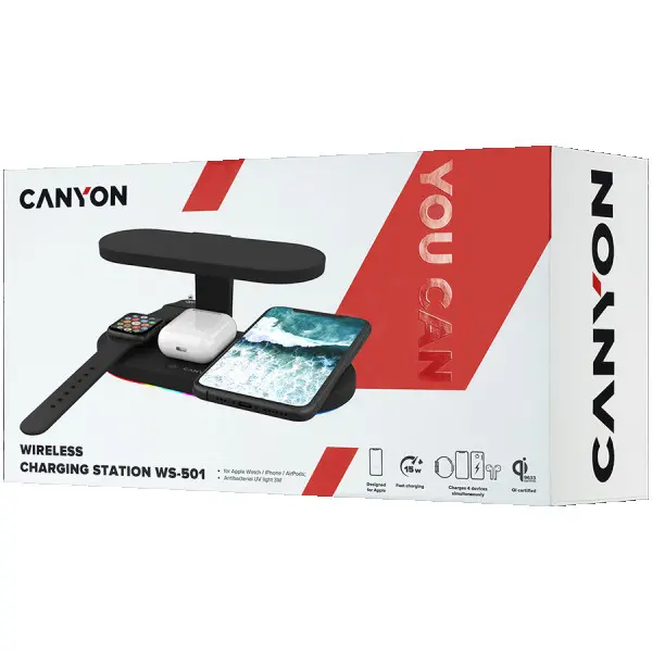 CANYON WS-501 5in1 Wireless charger, with UV sterilizer, with touch button for Running water light, Input QC36W or PD30W, Output 15W10W7.5W