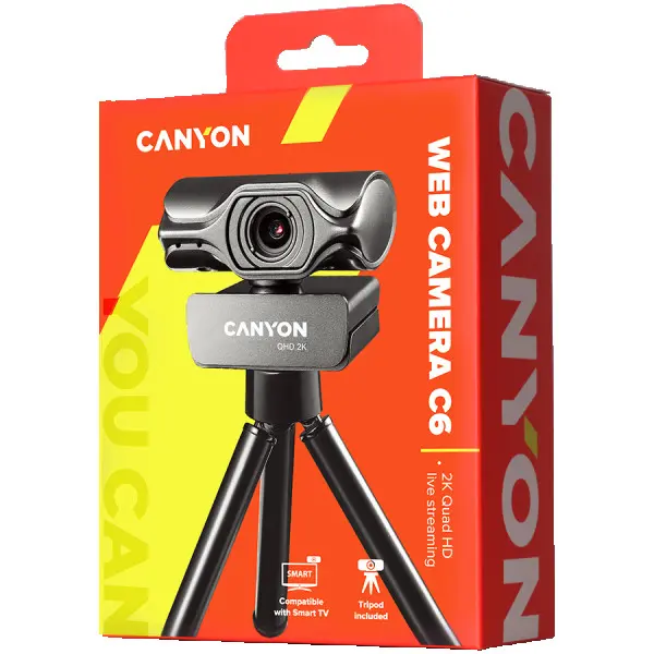 CANYON C6 2k Ultra full HD 3.2Mega webcam with USB2.0 connector, built-in MIC, IC SN5262, Sensor Aptina 0330, viewing angle 80°, with tripo