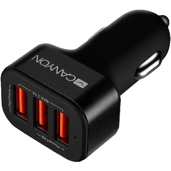 CANYON C-06 Universal 3xUSB car adapter, Input 12V-24V, Output 5V-3.1A, black rubber coating+black metal ring (side with USB is in plastic)