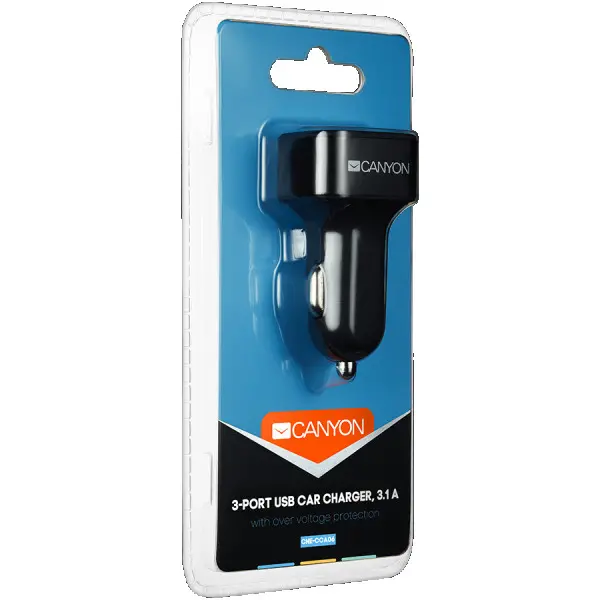 CANYON C-06 Universal 3xUSB car adapter, Input 12V-24V, Output 5V-3.1A, black rubber coating+black metal ring (side with USB is in plastic)