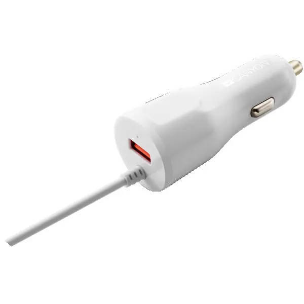 CANYON C-033US Universal 1xUSB car adapter, plus Lightning connector, Input 12V-24V, Output 5V2.4A(Max), with Smart IC, white glossy, cable