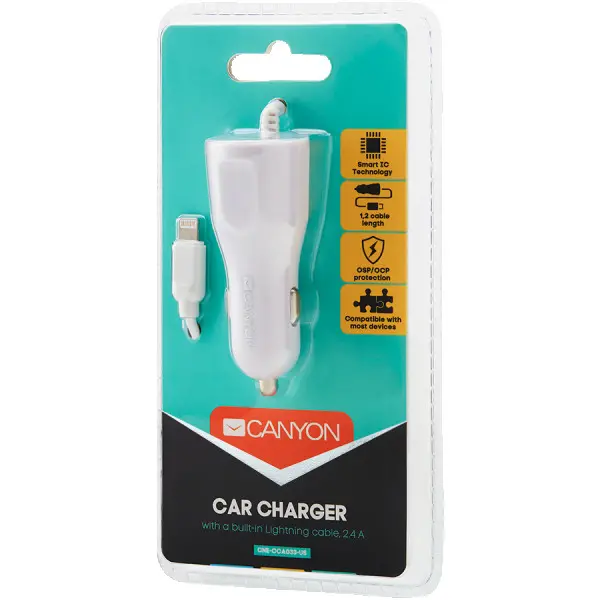CANYON C-033US Universal 1xUSB car adapter, plus Lightning connector, Input 12V-24V, Output 5V2.4A(Max), with Smart IC, white glossy, cable
