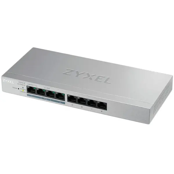 ZyXEL GS1200-8HP, 8-port Desktop Gigabit Web Smart switch: 8x Gigabit metal, 4x PoE (802.3at, 30W), PoE Power budget 60W ( GS1200-8HP-EU010
