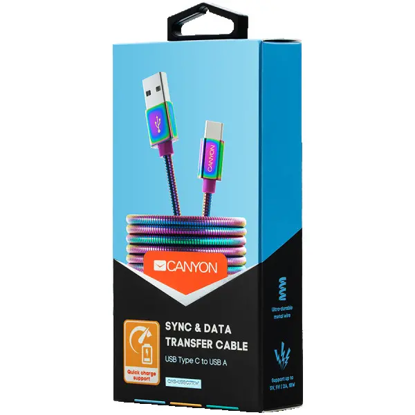 CANYON UC-7 Type C USB 2.0 standard cable, Power output 5V9V 2A, OD 3.8mm, metal shell, cable length 1.2m, Rainbow, 14*6*1000mm, 0.04kg ( C