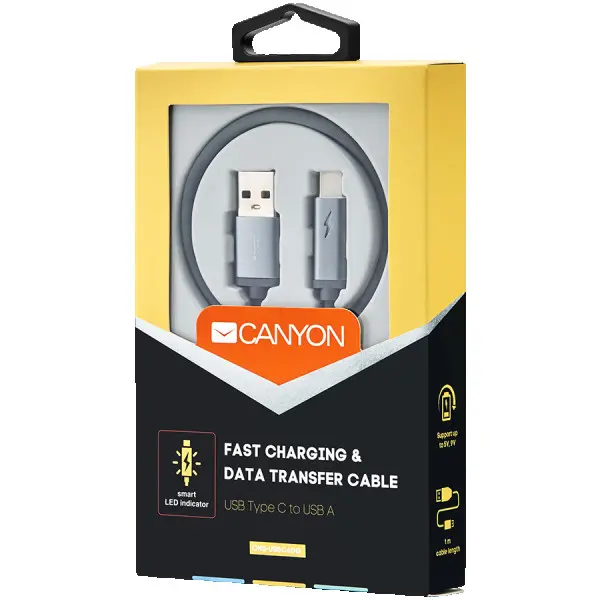 CANYON  Type C USB 2.0 standard cable with LED indicator, Power & Data output, 5V9V 2A, OD 3.8mm, PVC Jacket, 1m, drak grey, 0.03kg ( CNS-U