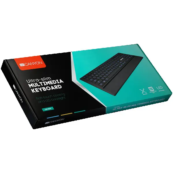 CANYON Stylish slim USB multimedia keyboard, LED backlight, 111 keys, Black, cable length 1.58m, 431*178*11.85, 0.71kg, AD layout ( CNS-HKB