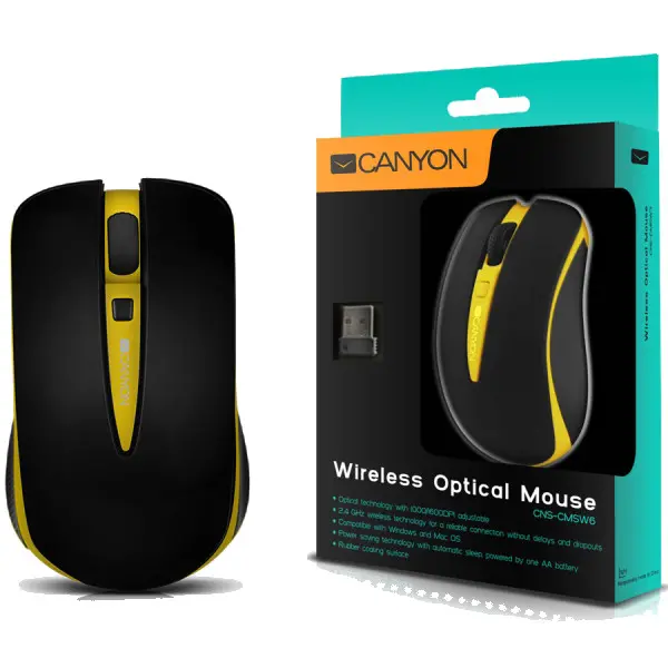 CANYON Mouse CNS-CMSW6 (Wireless, Optical 10001600 dpi, 4 btn, USB, automatic power saving), Yellow ( CNS-CMSW6Y ) 