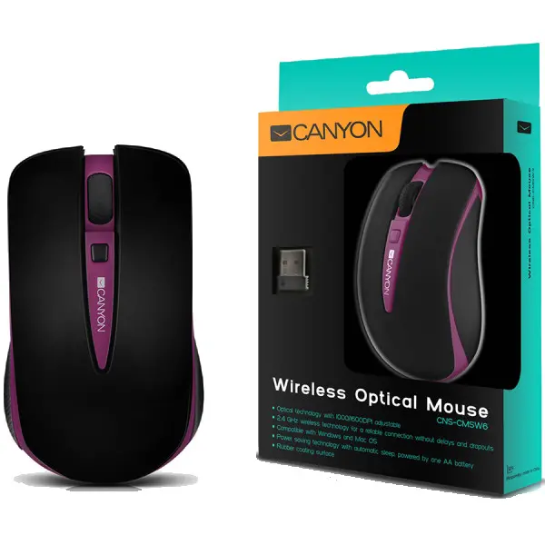 CANYON Mouse CNS-CMSW6 (Wireless, Optical 10001600 dpi, 4 btn, USB, automatic power saving), Purple ( CNS-CMSW6PU ) 