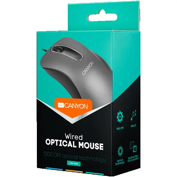 CANYON Wired Optical Mouse with 3 buttons, DPI 1200, Silver, cable length 1.5m, 108*65*38mm, 0.076kg ( CNE-CMS3 ) 