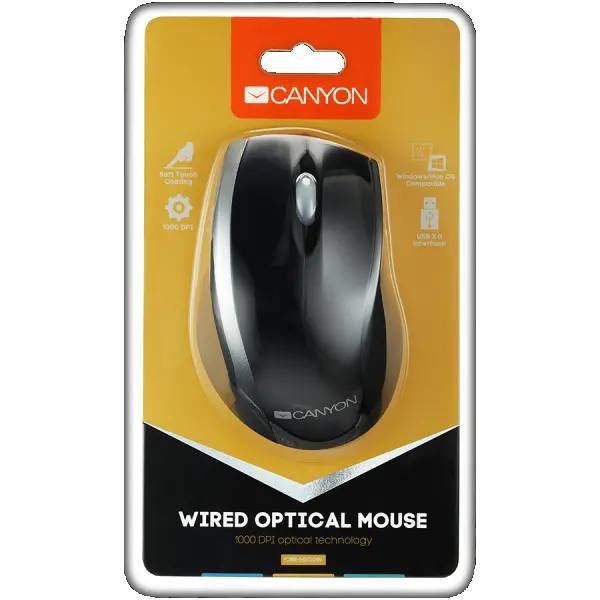CANYON wired optical mouse with 3 buttons, DPI 1000, USB2.0, BlackSilver, cable length 1.2m, 107*71.5*39.8mm, 0.078kg ( CNR-MSO01NS ) 