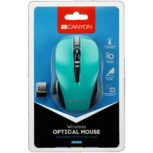 CANYON MW-1 2.4GHz wireless optical mouse with 4 buttons, DPI 80012001600, Green, 103.5*69.5*35mm, 0.06kg ( CNE-CMSW1GR ) 
