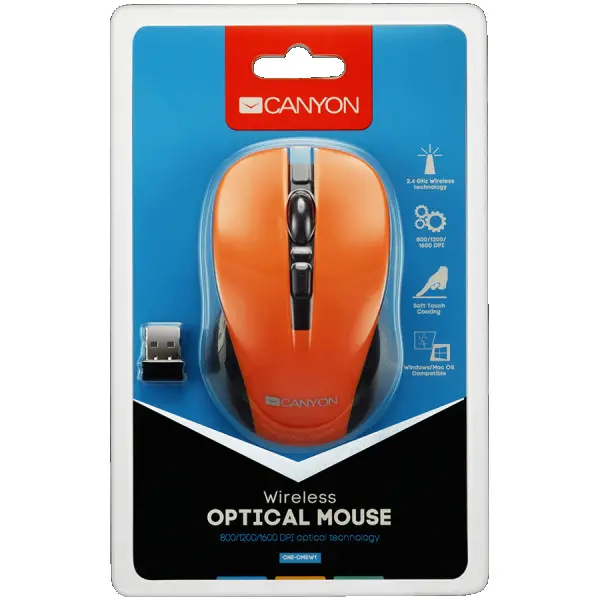 CANYON MW-1 2.4GHz wireless optical mouse with 4 buttons, DPI 80012001600, Orange, 103.5*69.5*35mm, 0.06kg ( CNE-CMSW1O ) 