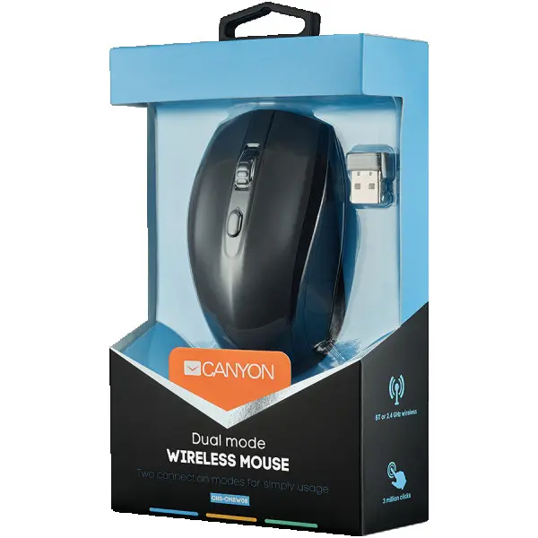 CANYON 2 in 1 Wireless optial mouse with 6 buttons, DPI 80012001600, 2 mode(BT 2.4GHz), Black, 102.8*58.5*39.5mm, 0.072kg ( CNS-CMSW08B ) 