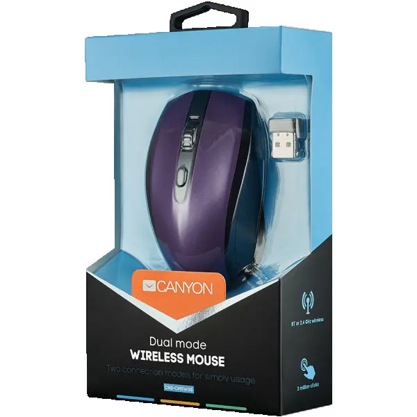 CANYON 2 in 1 Wireless optial mouse with 6 buttons, DPI 80012001600, 2 mode(BT 2.4GHz), Violet, 102.8*58.5*39.5mm, 0.072kg ( CNS-CMSW08V ) 