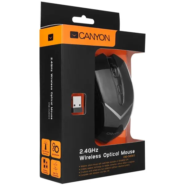 CANYON 2.4GHz wireless Optical Mouse with 6 buttons, DPI 8001600, power saving technology, Black, 120*67.2*39.4mm, 0.075kg ( CNE-CMSW3 ) 
