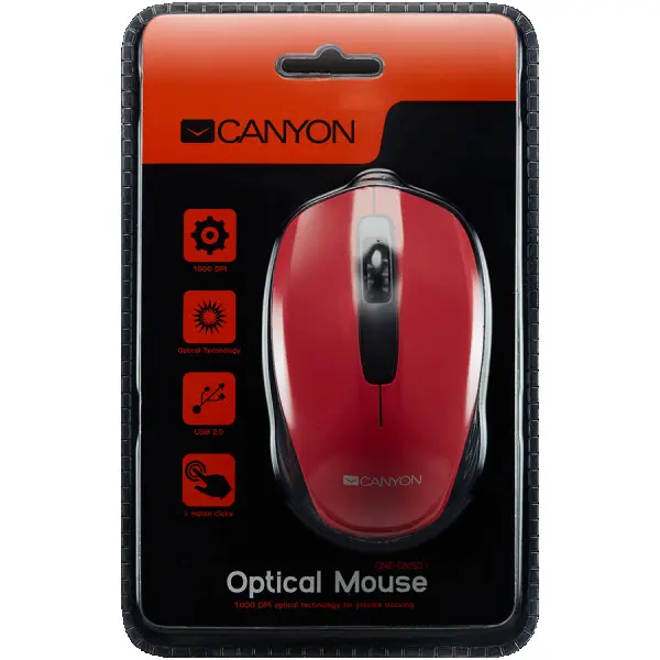 CANYON wired optical mouse with 3 buttons, DPI 1000, Red, cable length 1.26m, 35.2*103*60mm, 0.07kg ( CNE-CMS01R ) 