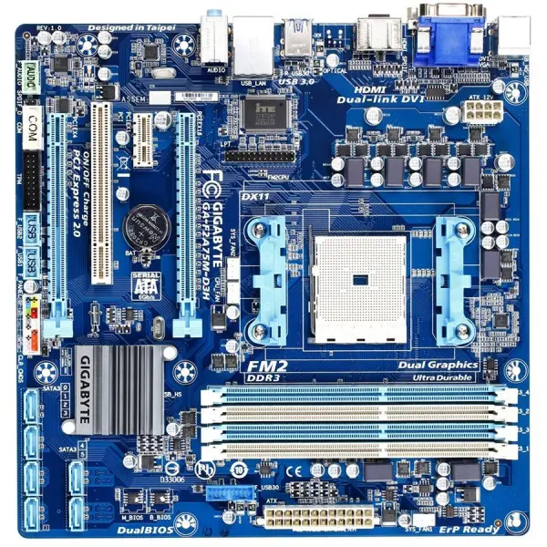 GIGABYTE Main Board Desktop AMD A75 (SFM2, DDR3, LAN,DVIHDMIVGA, USB3.0, SATA IIIRAID) mATX Retail ( GA-F2A75M-D3H ) 