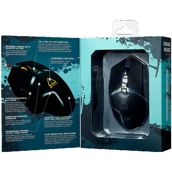 CANYON Wired gaming mouse programmable, Sunplus 189E2 IC sensor, DPI up to 4800 adjustable by software, Black rubber coating with chrome de