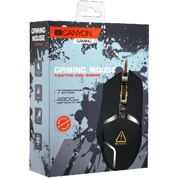CANYON Wired gaming mouse programmable, Sunplus 189E2 IC sensor, DPI up to 4800 adjustable by software, Black rubber coating with chrome de