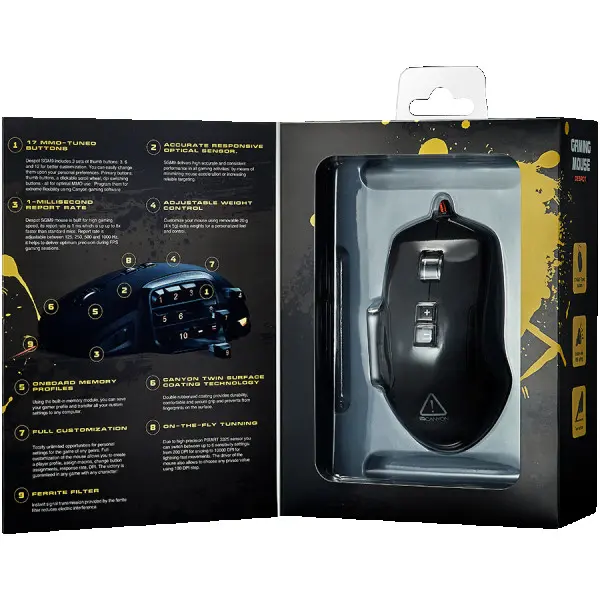 CANYON Wired MMO gaming mice programmable, Pixart 3325 IC sensor, DPI up to 10000 adjustable and Marco setting by software, Black rubber co