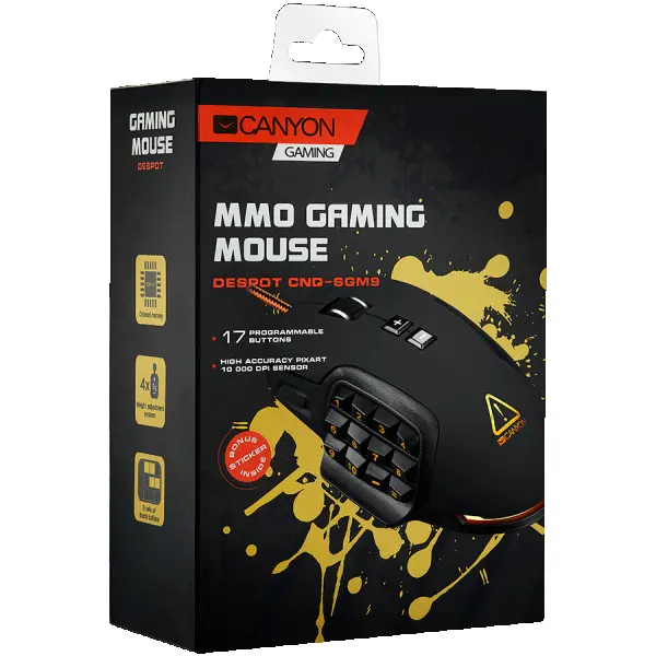 CANYON Wired MMO gaming mice programmable, Pixart 3325 IC sensor, DPI up to 10000 adjustable and Marco setting by software, Black rubber co