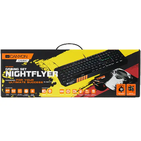 CANYON 3in1 Gaming set, Keyboard with rainbow LED(104 keys), Mouse with RGB(DPI 800160032004200), Mouse Mat with size 350*250*3mm, Black, 1