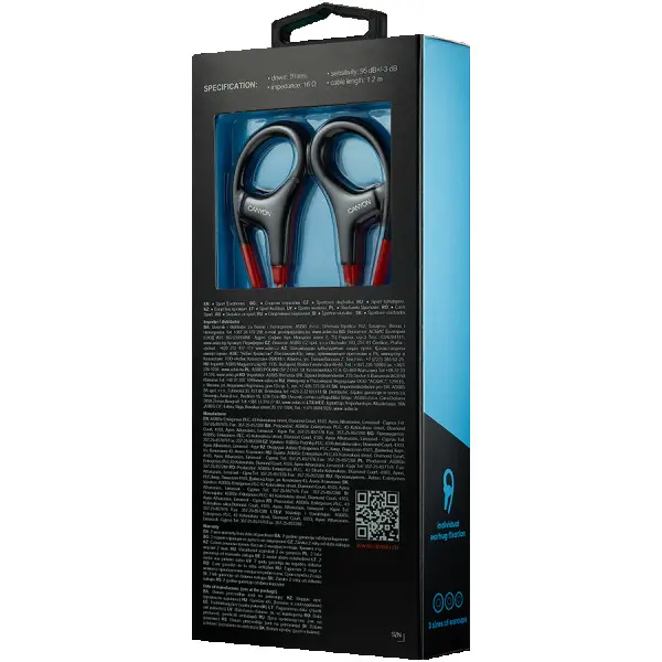 CANYON Stereo sport earphones with microphone, cable length 1.2m, Red, 32*58*25mm, 0.017kg ( CNS-SEP2R ) 