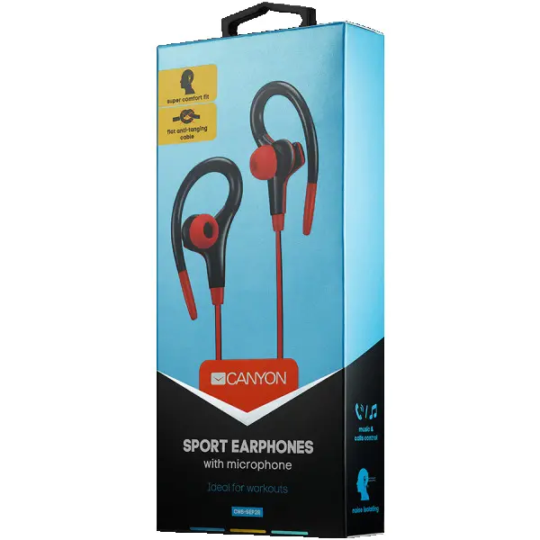 CANYON Stereo sport earphones with microphone, cable length 1.2m, Red, 32*58*25mm, 0.017kg ( CNS-SEP2R ) 