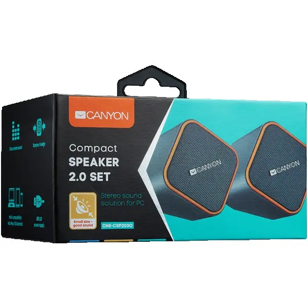 Canyon wired stereo Speaker, 1.2m cable with USB2.0 & 3.5mm audio connector, dark grey(orange stripe), 65*65*75mm, 0.252kg ( CNS-CSP203O ) 